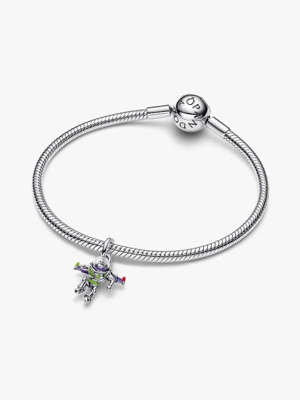 Pandora Silver Snake Chain Bracelet with Multicolor Buzz Lightyear Charm